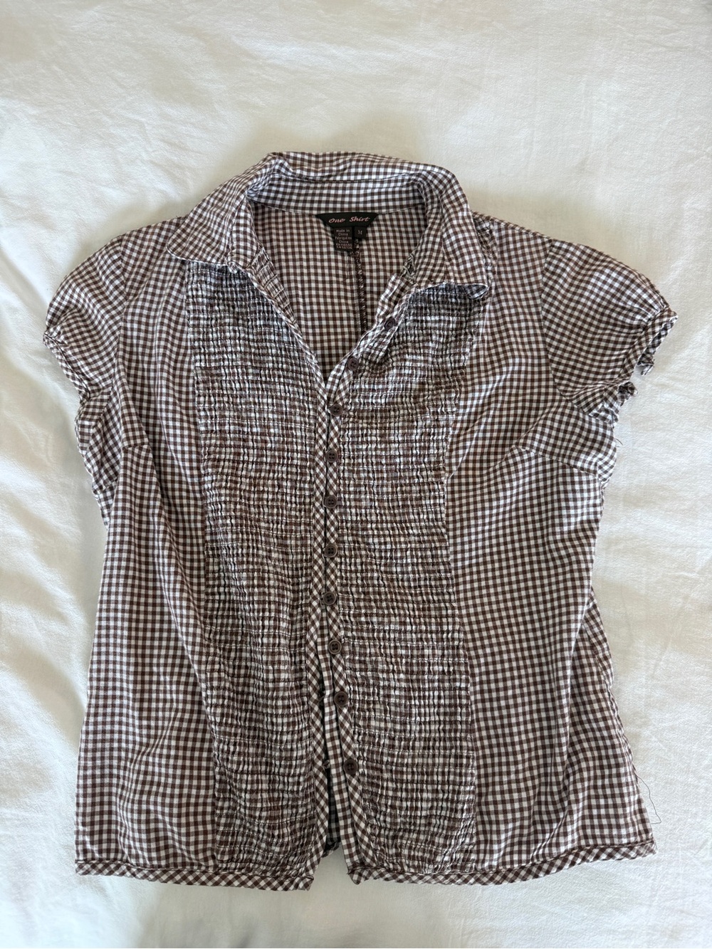 Vintage Cottage Core Checkered Short-Sleeve Button-Up Shirt - Brown/White